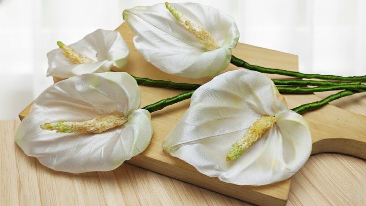 DIY satin ribbon flower/how to make anthurium flower with satin ribbon easily
