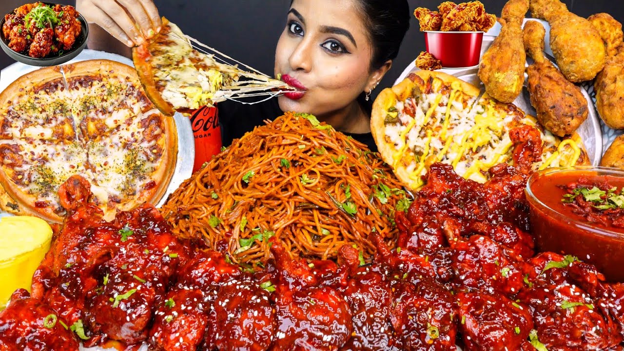ASMR Eating Spicy Hakka Noodles,Chicken Pizza,Chicken Manchurian,Fried Chicken ASMR Eating Mukbang