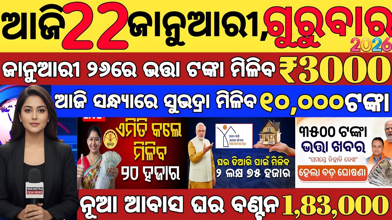 today's morning news odisha/22 january 2026/subhadra yojana online apply process/odisha news today.