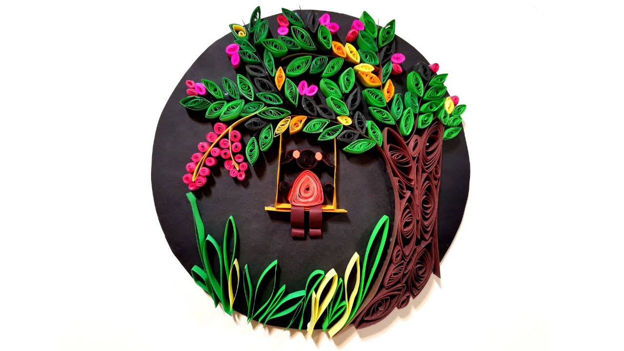 Girl on swing quilling art | Quilling for beginner paper craft | quilling tree | quilling girl diy