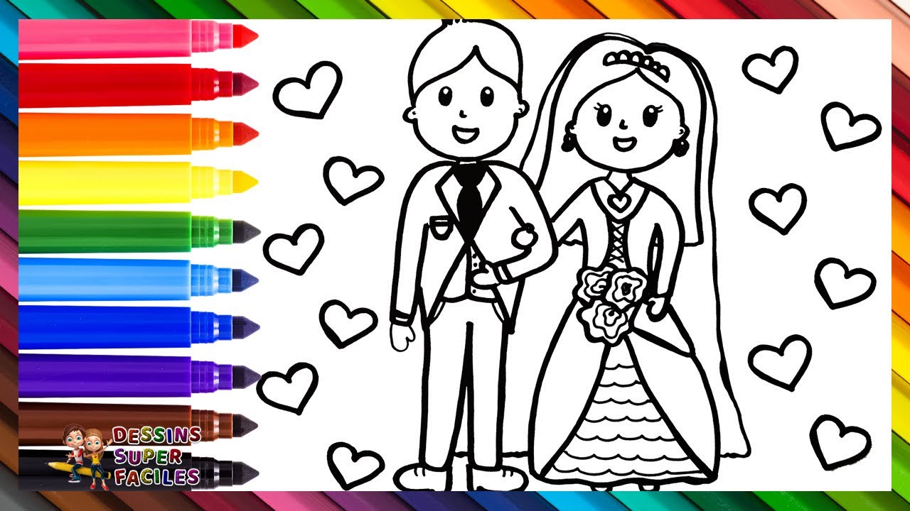 Dessiner et Colorier un Couple de Jeunes Mariés: Un Marié et une Mariée 🤵👰💍❤️🌈 Dessins Pour Enfants