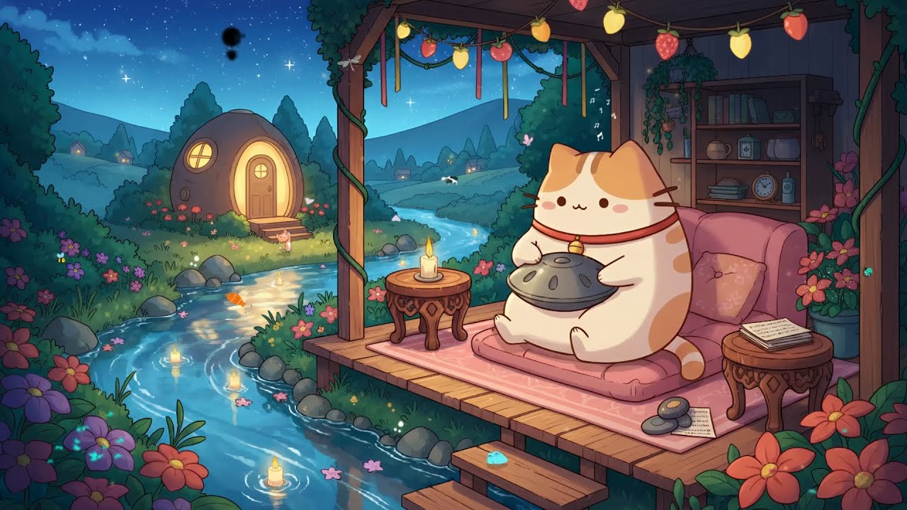Cloudy's Cat Floating Candles River Sounds 🌊 Peaceful Night Lofi 🌌 Music for Deep Sleep