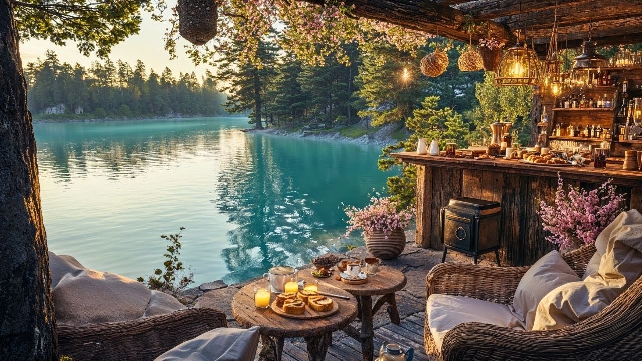 Serene Lake Café Ambience | Peaceful Piano & Birds Chirping for Productivity & Calm☕