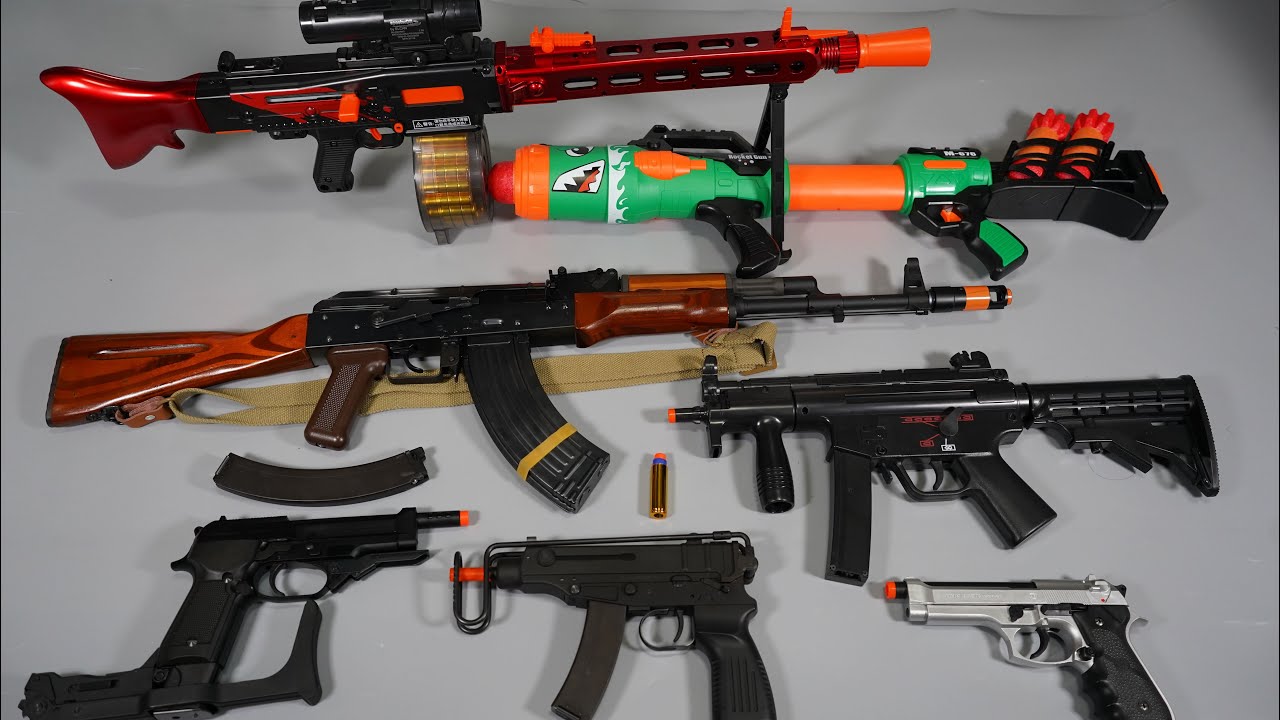 AK47 And MG42 Shell ejecting Nerf Gun Toy Gun Airsoft MP5 Vz61 - Realistic Toy Guns Collection