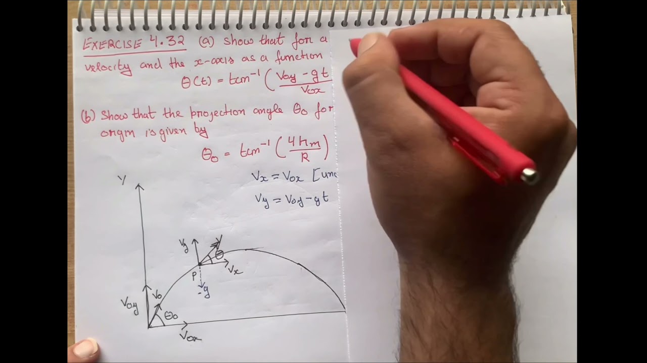 Show that for a projectile the angle between the velocity and the x-axis as a function of time is