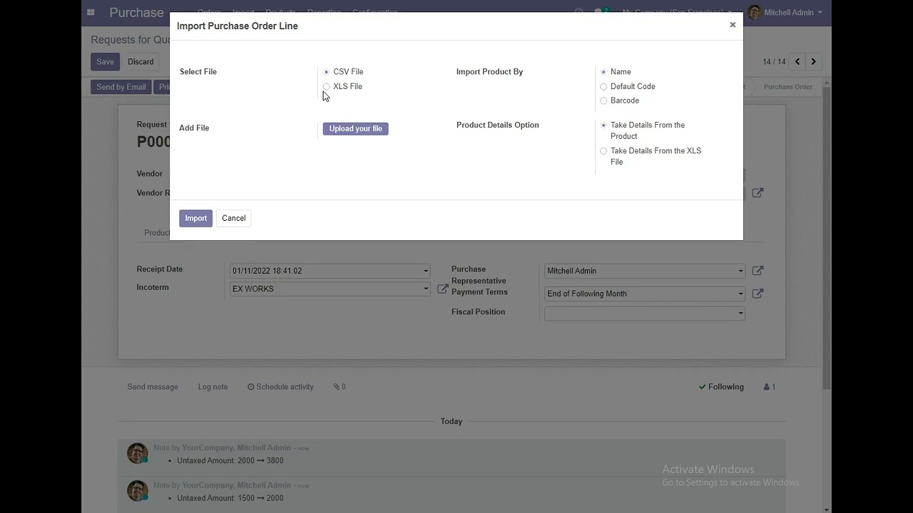 How to import purchase order line Data in odoo with product Name Using Excel, CSV file type?