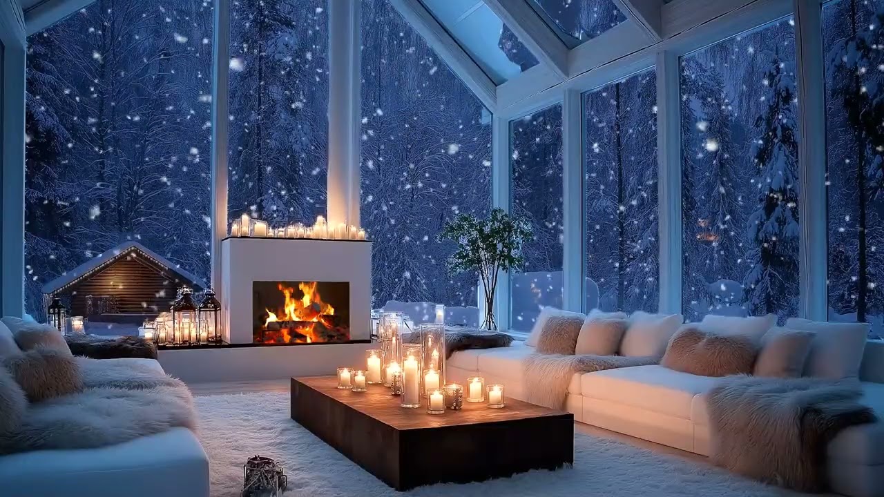 🔥❄️ Cozy Fireplace Winter Piano | Snow Falling Outside the Window | Instant Relaxation, Deep Sleep