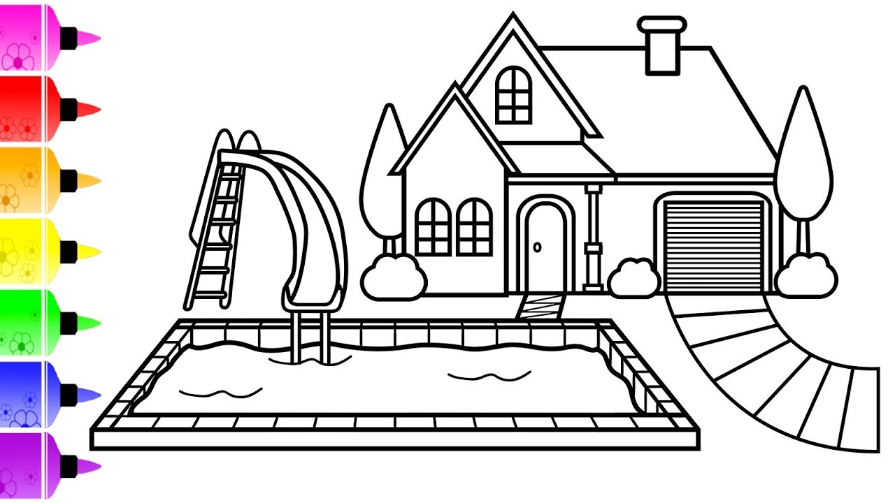 How to Draw a House with Pool Coloring Page |  Coloring Book