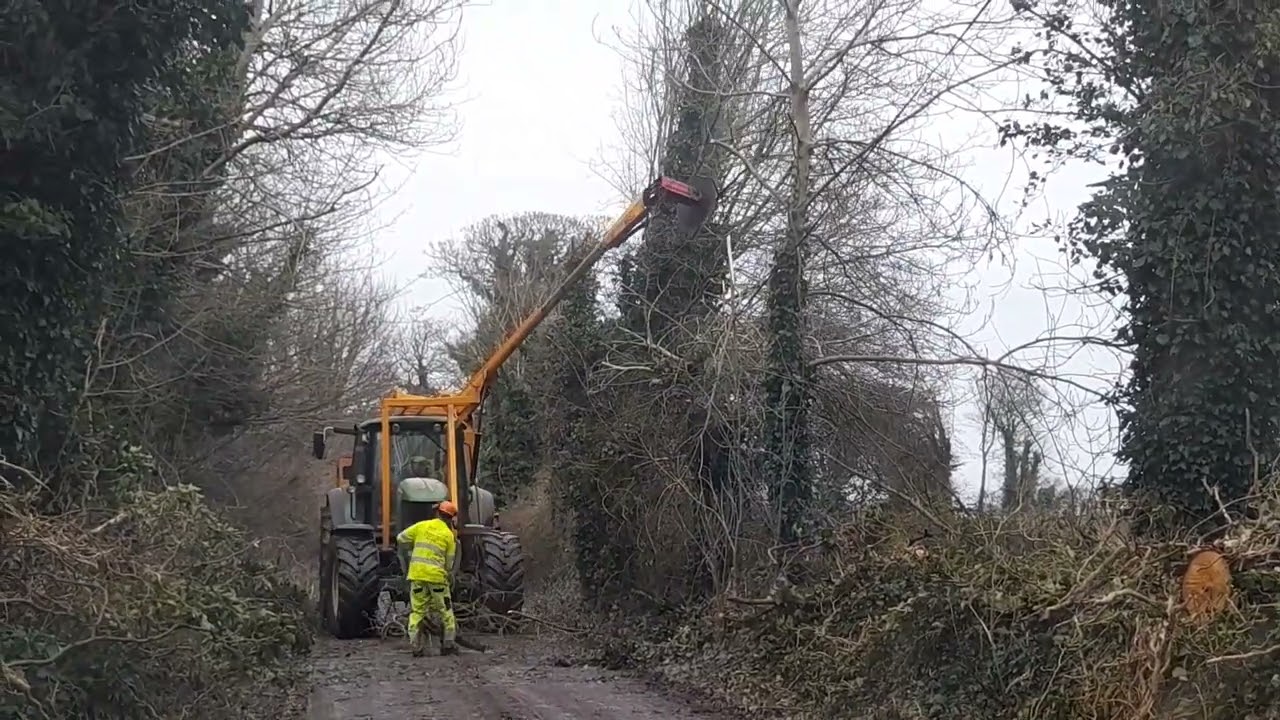 john deere with a long reach moffett saw blade 7930 tree cutting big timber