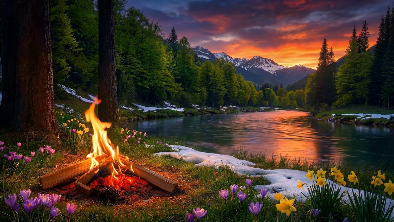The Last Light of Day 🌸 A Campfire Beside Flowing Mountain Water
