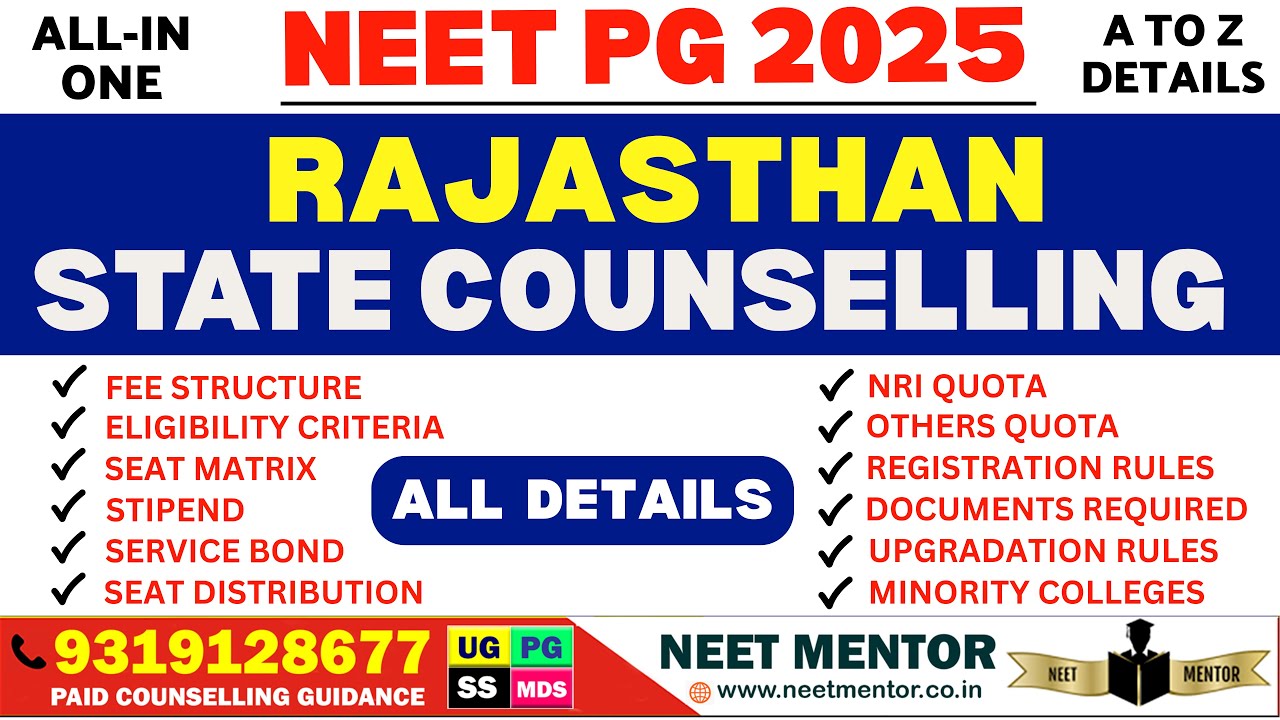 NEET PG 2025 🔥 Rajasthan Counselling Rules/Eligibility/Fee/Cut Off/Stipend/Bond/College/Seats/Quota