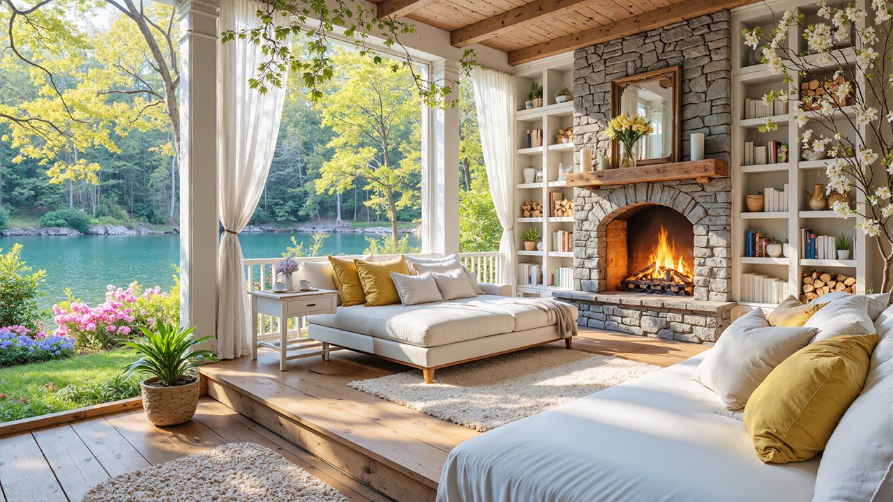 Soft Spring Piano Music for Stress Relief 🌸 Tranquil Lakeside Porch Ambience & Relaxing Music