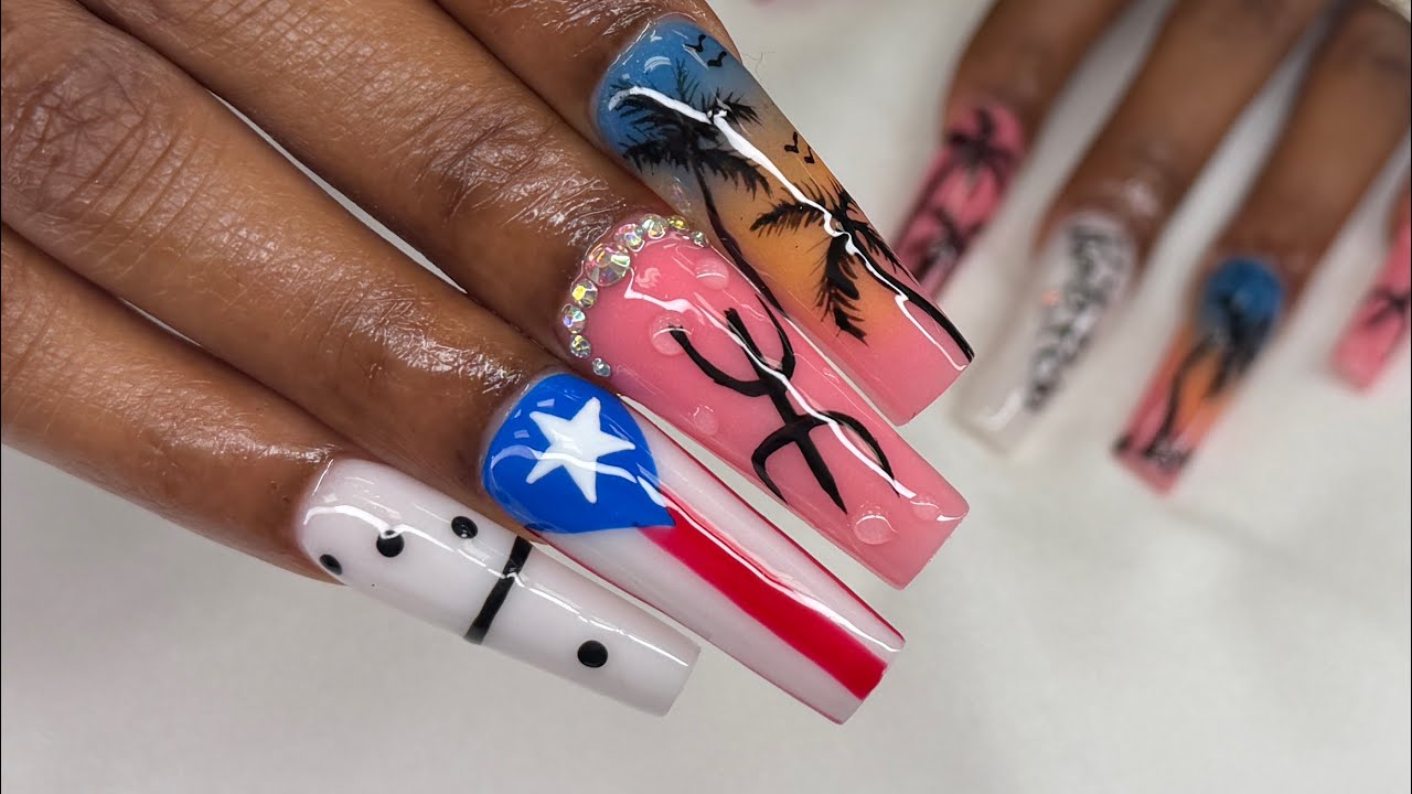 🇵🇷Puerto Rico Long Coffin Nails Design Inspo |ACRYLIC NAILS Tutorial REAL TIME (Part 1 Application)