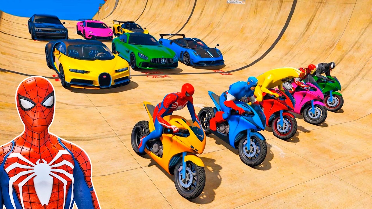 MOTOS com HOMEM-ARANHA e HER&Oacute;IS! Desafio na Mega Rampa - GTA V