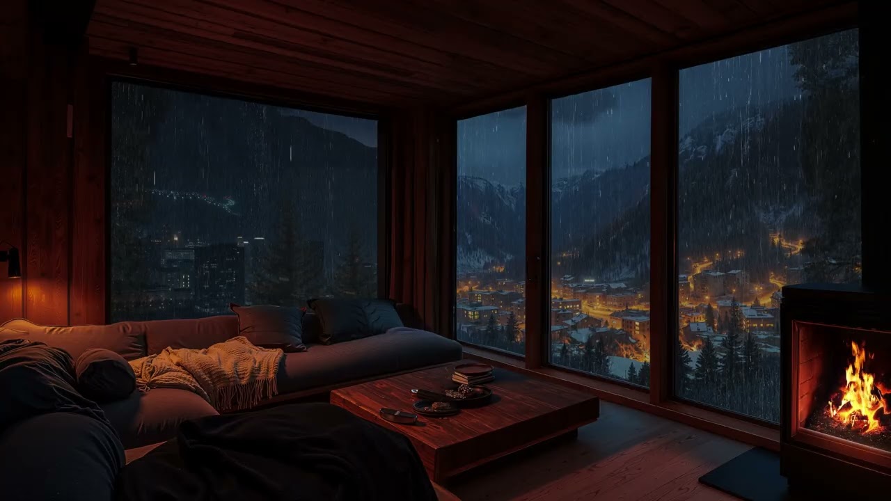Cozy Reading Space: Heavy Rain Pouring Down The Window And Fire Burning In The Fireplace