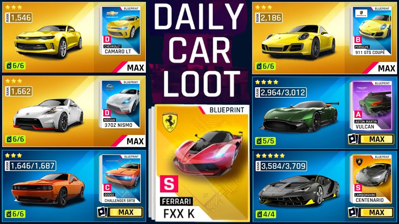 ASPHALT 9 LEGENDS  | Daily Car Loot Reward Cars (CAMARO,370Z,SRT8,911,VULCAN,CENTENARIO,FXX K)