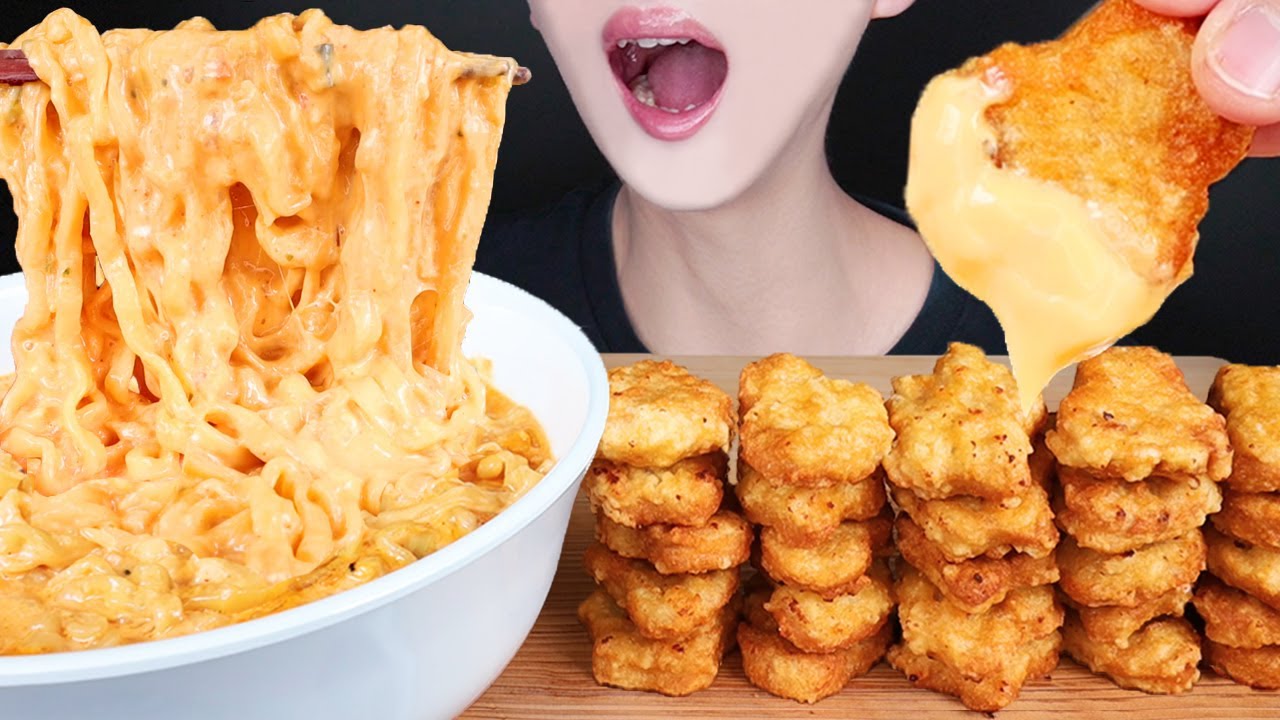 ASMR MUKBANG SPICY CREAMY CHEESY NOODLES CHICKEN NUGGETS 크림진짬뽕 치킨너겟 먹방 チーズ 辛いラーメン 咀嚼音 EATING SOUNDS