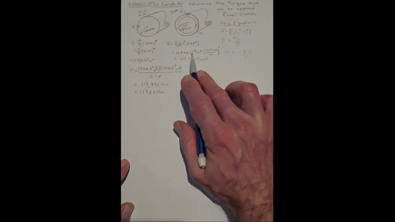 Hibbeler's 10th Edition Example 5.1 Torque and Shear Stress of a Solid Shaft vs. a Hollow Tube