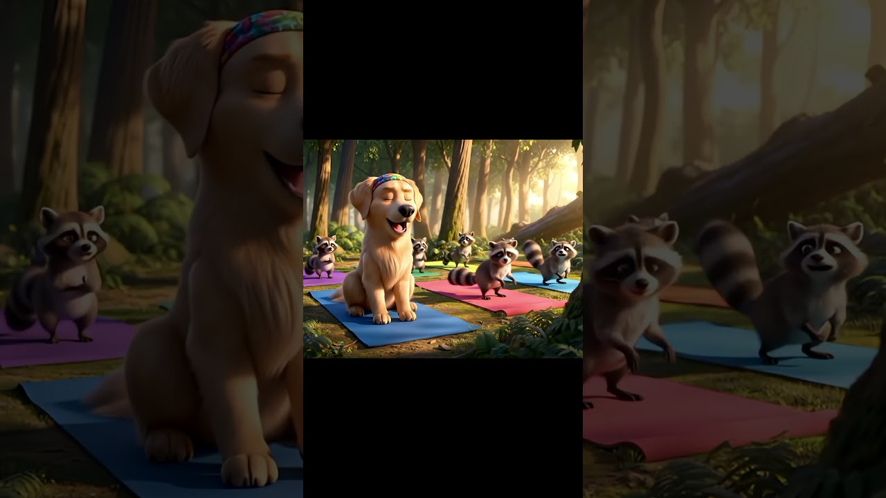 Golden retriever wearing a headband leads a Yoga class, 