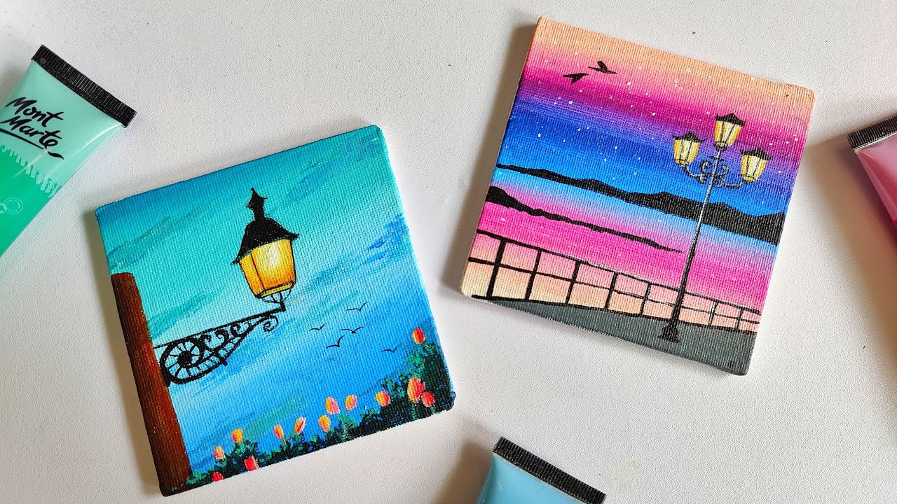 2 Street Lamp landscape paintings for beginners || 2 mini canvas paintings || aesthetic paintings