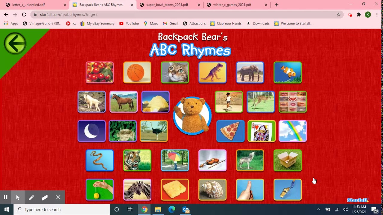 Class Meeting: 1/25/21 Starfall Music/Calendar/Letter 