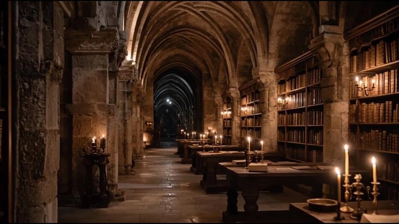 Medieval Monastery at Night – Peaceful Candlelit Study