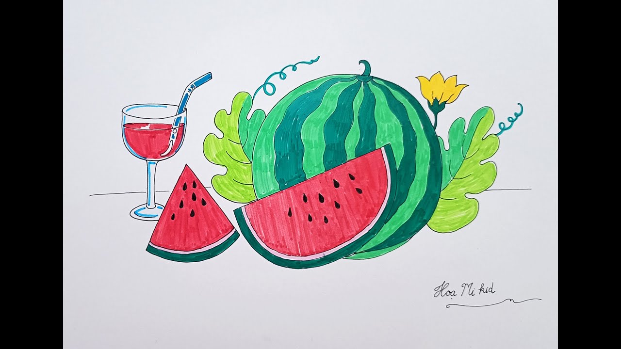 Họa Mi kid Vẽ trái dưa hấu/Vẽ và tô màu trái cây/How to draw a watermelon