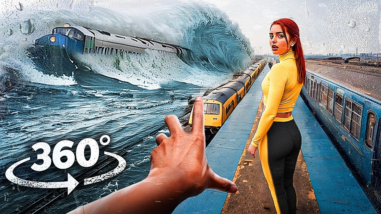 360° TRAIN STATION FLOOD 2 - Train Crash and Derailment due to Tsunami Wave VR 360 Video 4k ultra hd