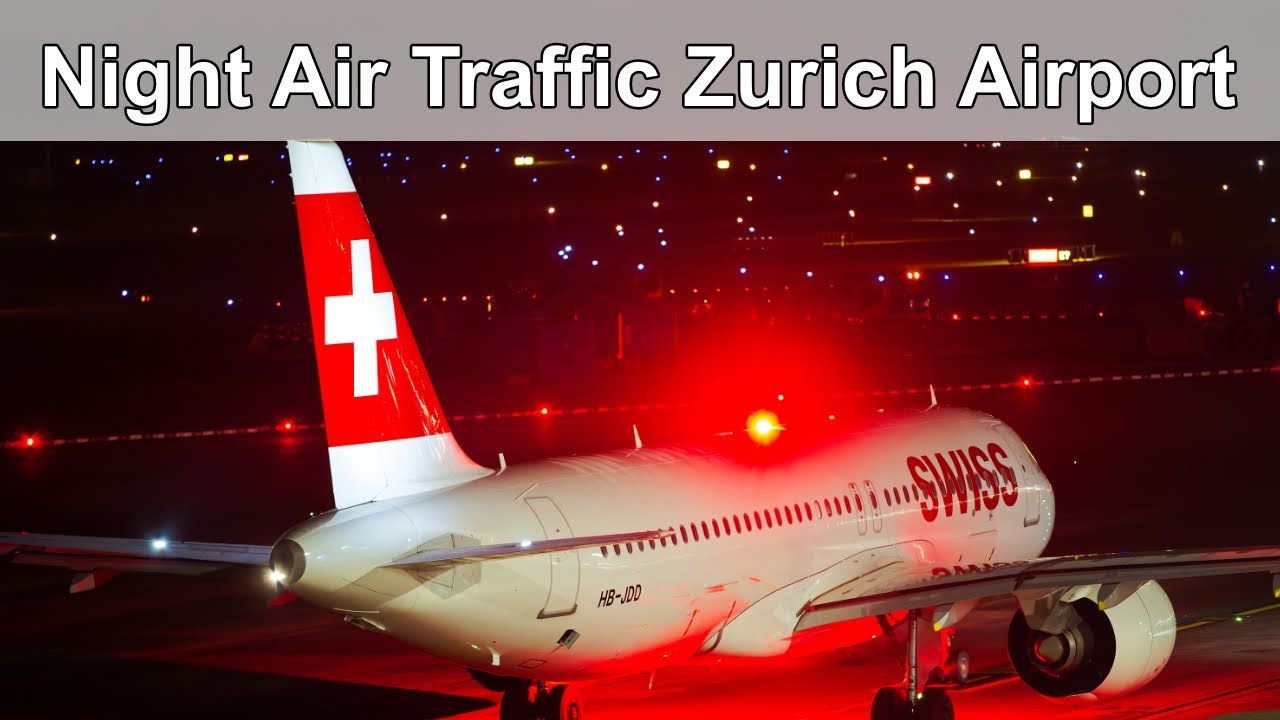 Zurich Airport air traffic on a dark winter night.