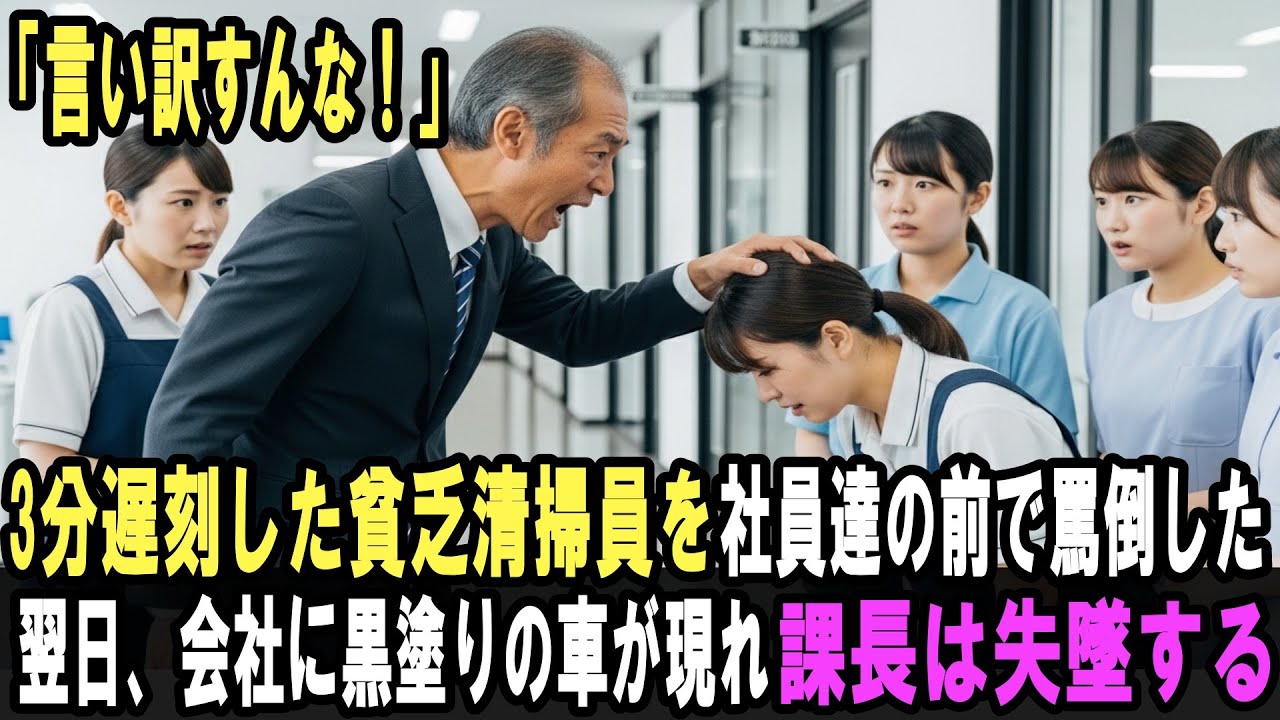 3分遅刻の女性清掃員を罵倒した課長。翌日、黒塗りの車から降りてきた老人の正体を知り、全員が凍りついた