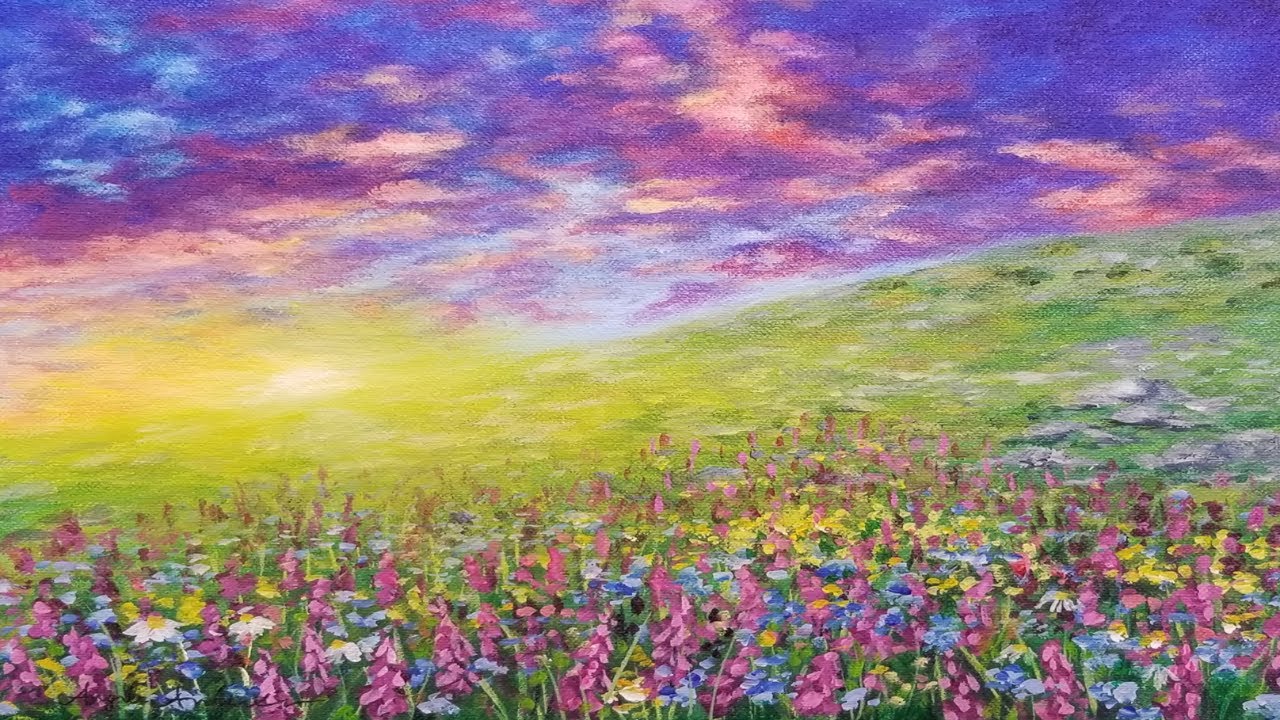 Sunset Wildflower Landscape Acrylic Painting LIVE Tutorial
