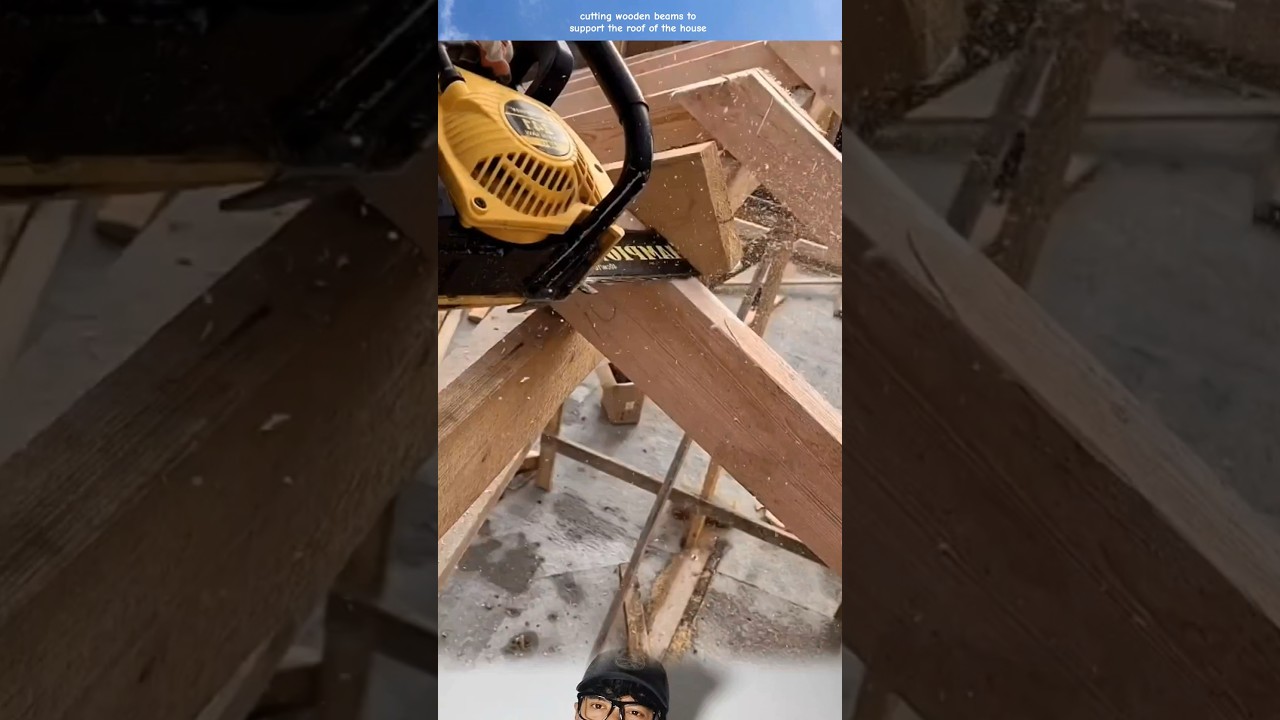 cutting wooden beams to support the roof of the house