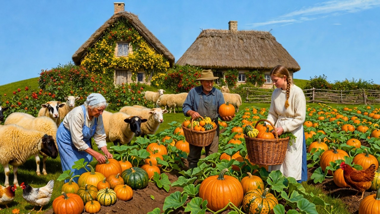 Peaceful life in the Swiss countryside - Harvesting pumpkins on the farm.