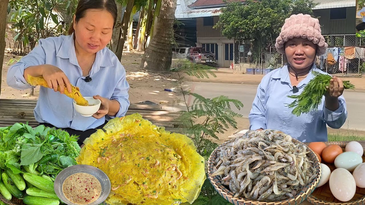 Crispy Khmer Banh Chao with Baby Shrimp + Fresh Vegetables 🍤🌿 | Easy Traditional Cambodian Recipe