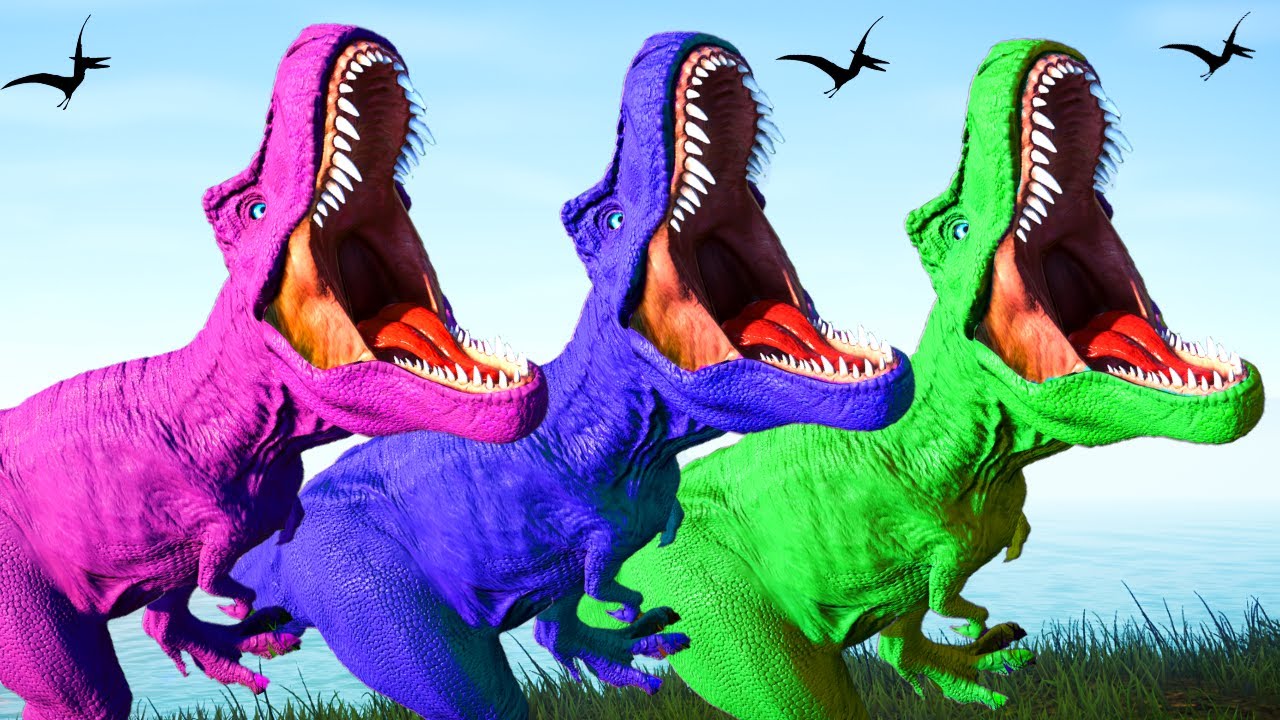 Colorful T-Rex vs I-Rex, Spinosaurus, Godzilla, Stegoceratops Fighting - Jurassic World Evolution