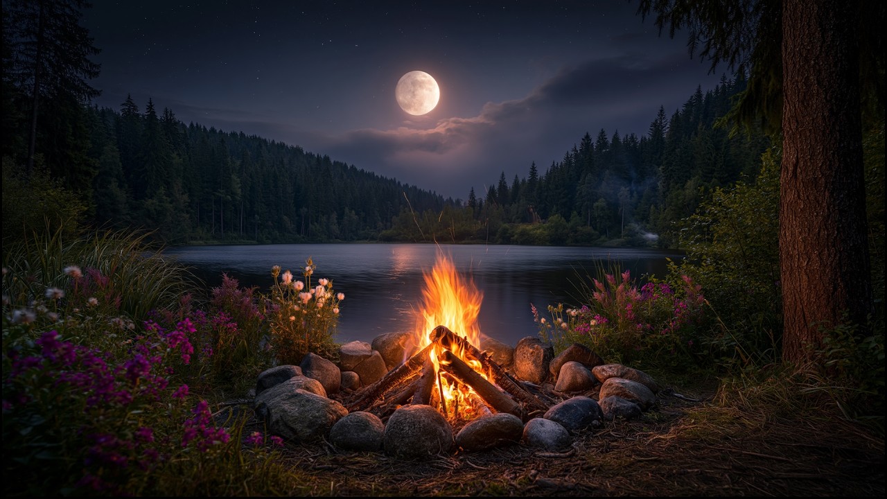🌙 Summer Night Lake Campfire Ambience With Relaxing Nature Sounds and Peaceful Moonlight