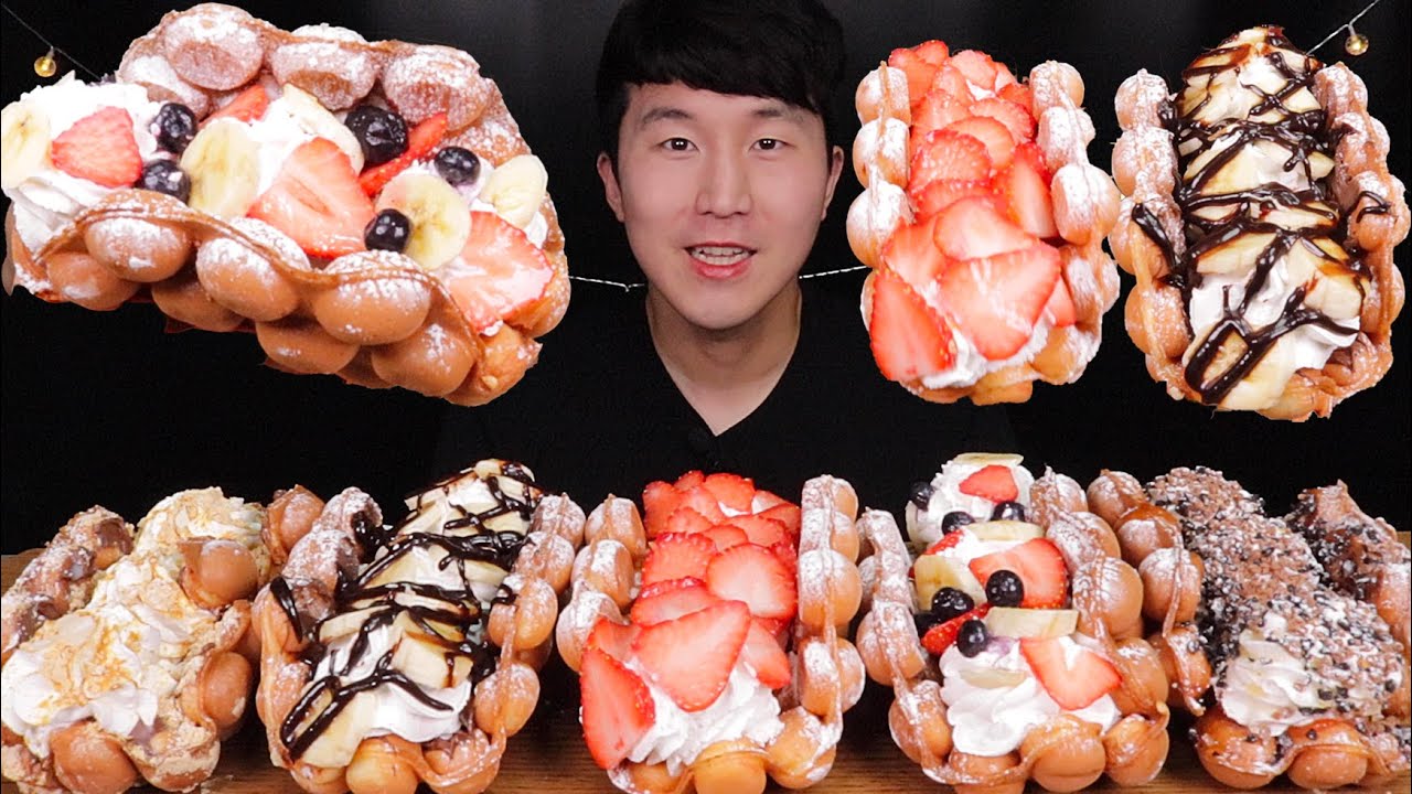 [SUB]브라더스 커피 홍콩 와플 5종류 먹방(Nutella waffle, cream waffle, fruit waffle)#MUKBANG