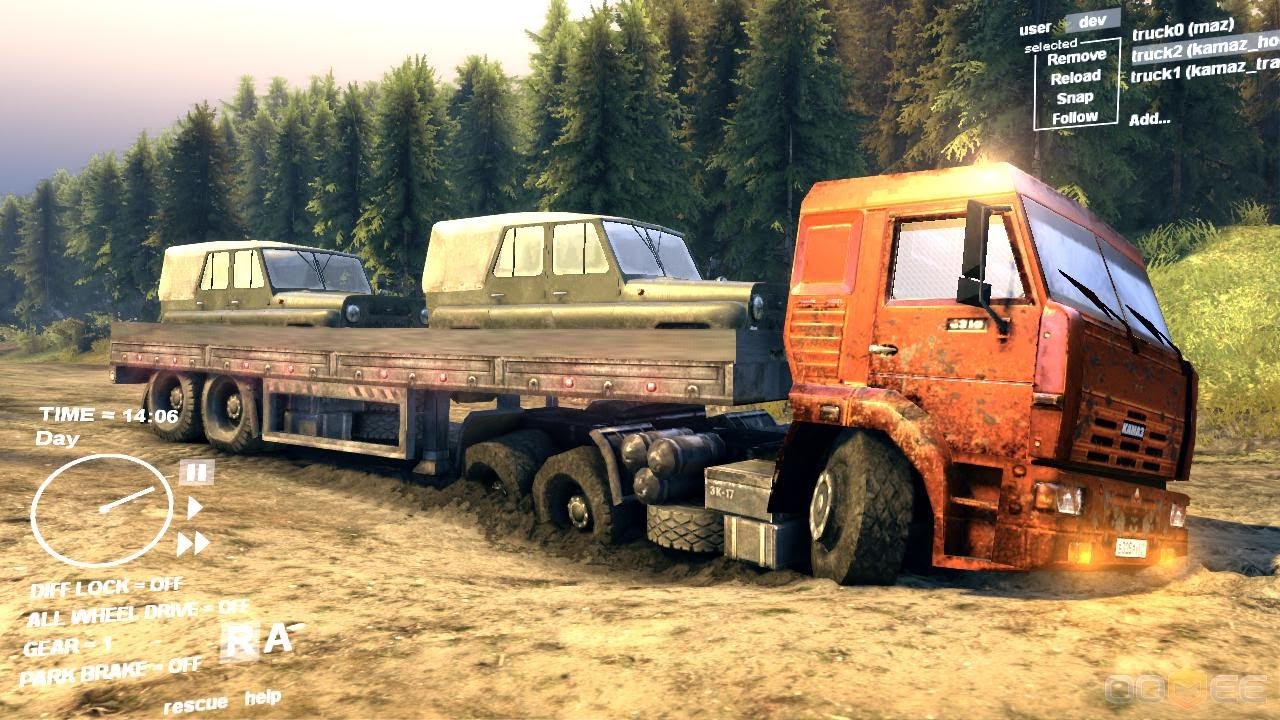Spin Tires Dev Demo -  Truck + Trailer Transporting 2 Jeep Part 1