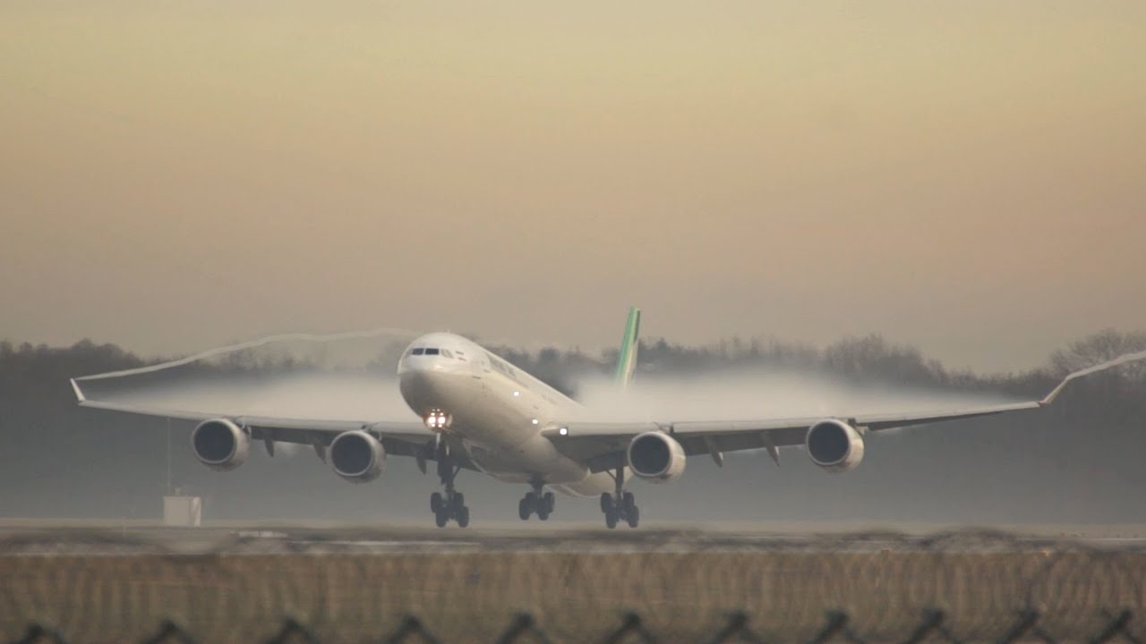 Amazing Overwing Vortex Mahan Air Airbus A340-642 Flight W5102 arrival at Muinch from Tehran EP-MMR