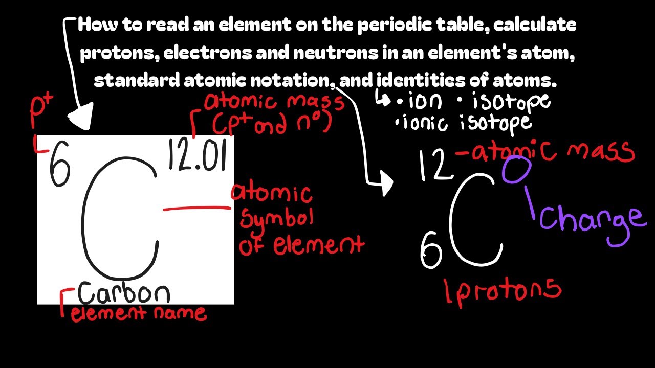 Reading an element on the periodic table, calculating protons, electrons and neutrons and more!  