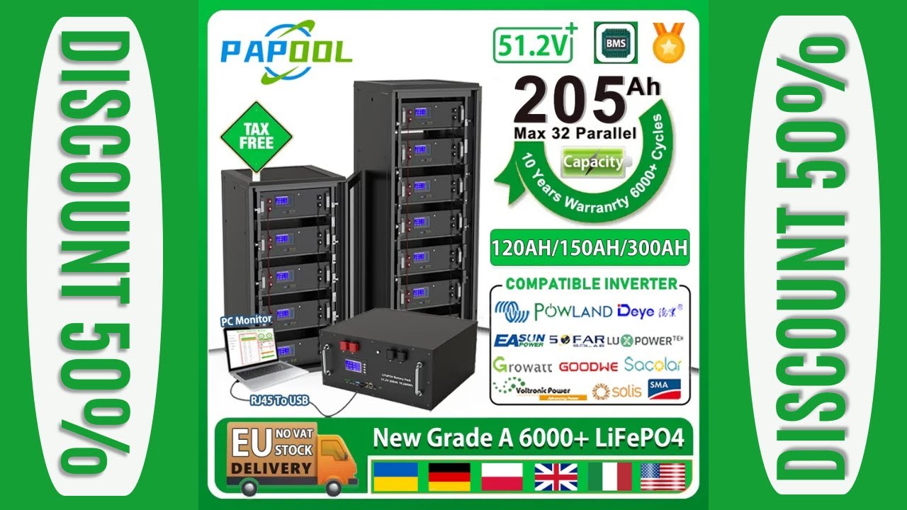 LiFePO4 48V 200Ah Battery Pack 10Kwh 16S BMS 51.2V 100Ah 120Ah 150Ah 230Ah 300Ah Lithium battery