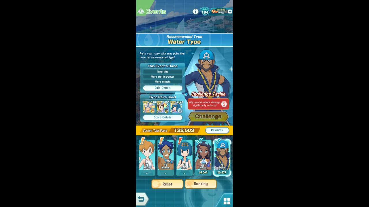 65k Points Water-Type Masters High Score Event vs. Archie | Pokemon Masters EX