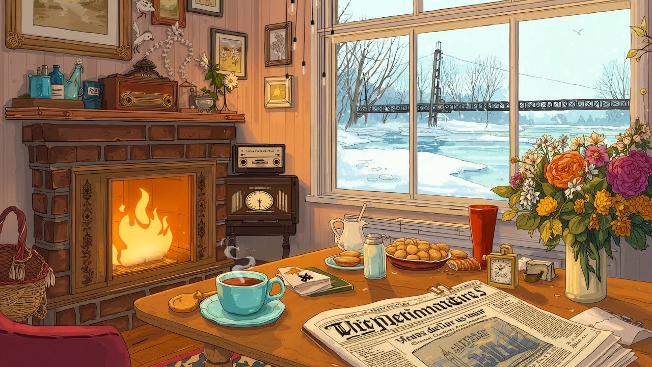 Warm 1950s Winter Cottage Ambience ❄️ Oldies Playing in Another Room, Tea by the Fireplace