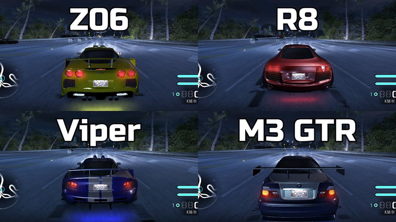 Corvette Z06 vs Le Mans Quattro vs Viper SRT-10 vs M3 GTR - Need for Speed Carbon (Drag Race)
