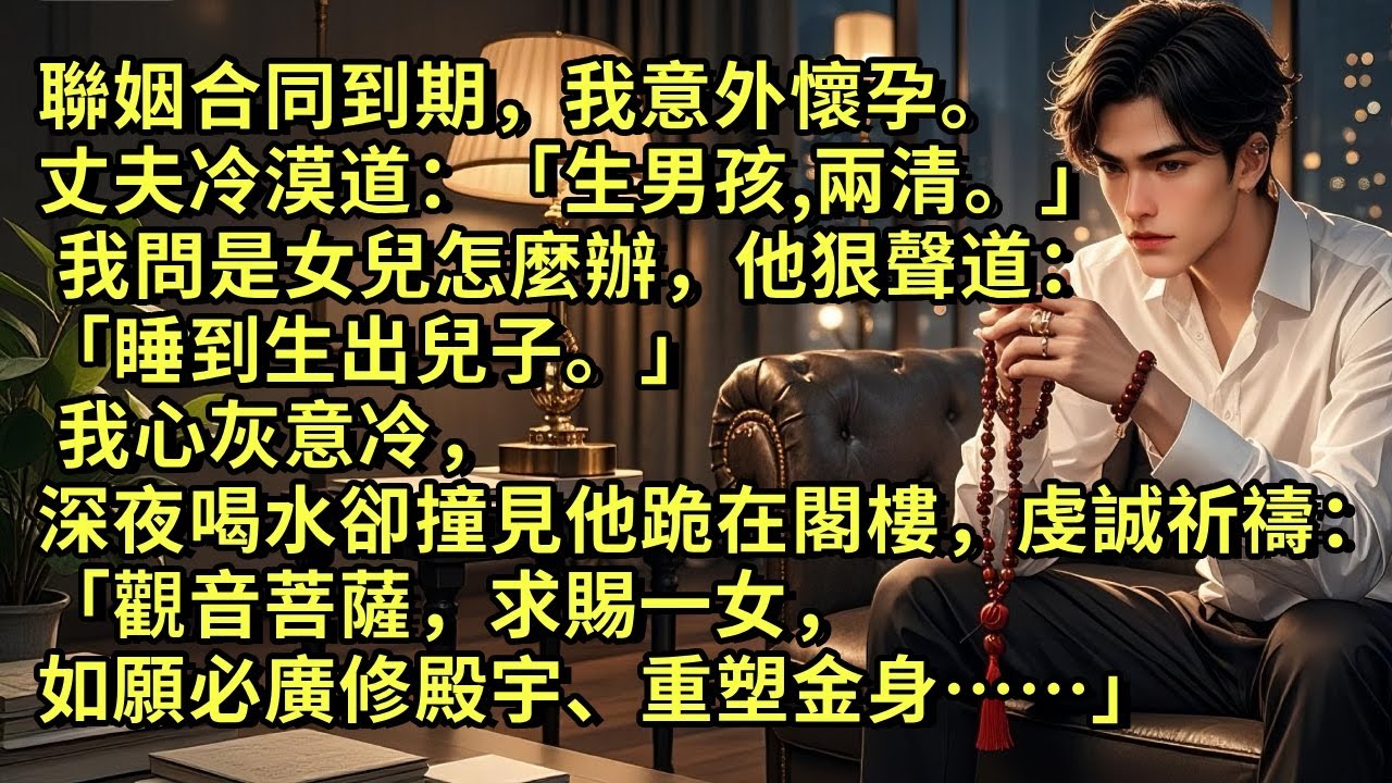 聯姻合同到期，我意外懷孕。丈夫冷漠道：「生男孩，兩清。」 我問是女兒怎麼辦，他道：「睡到生出兒子。」我心灰意冷，深夜喝水卻撞見他跪在閣樓虔誠祈禱：「觀音菩薩，求賜一女，如願必廣修殿宇、重塑金身……」