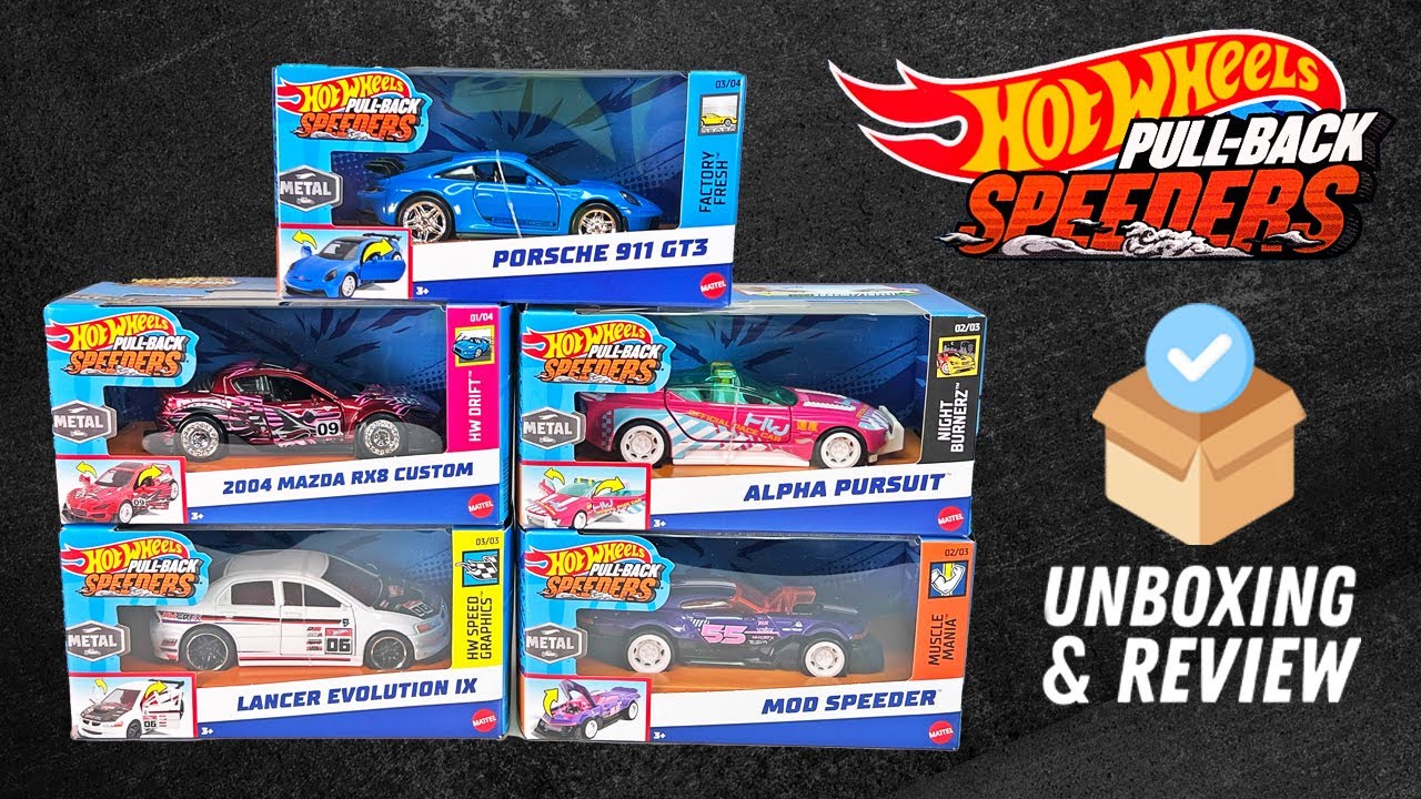 UNBOXING: 2024 Hot Wheels Pull-Back Speeders Wave 3 - Mazda RX8, Evo 9, Mod Speeder, Alpha Pursuit