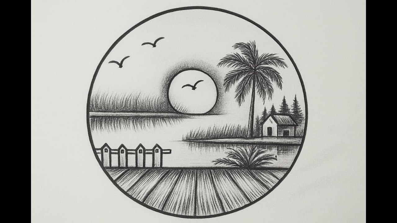 How to draw sunrise scenery. # خوبصورت مناظر# Drawing Technique # circule scenery