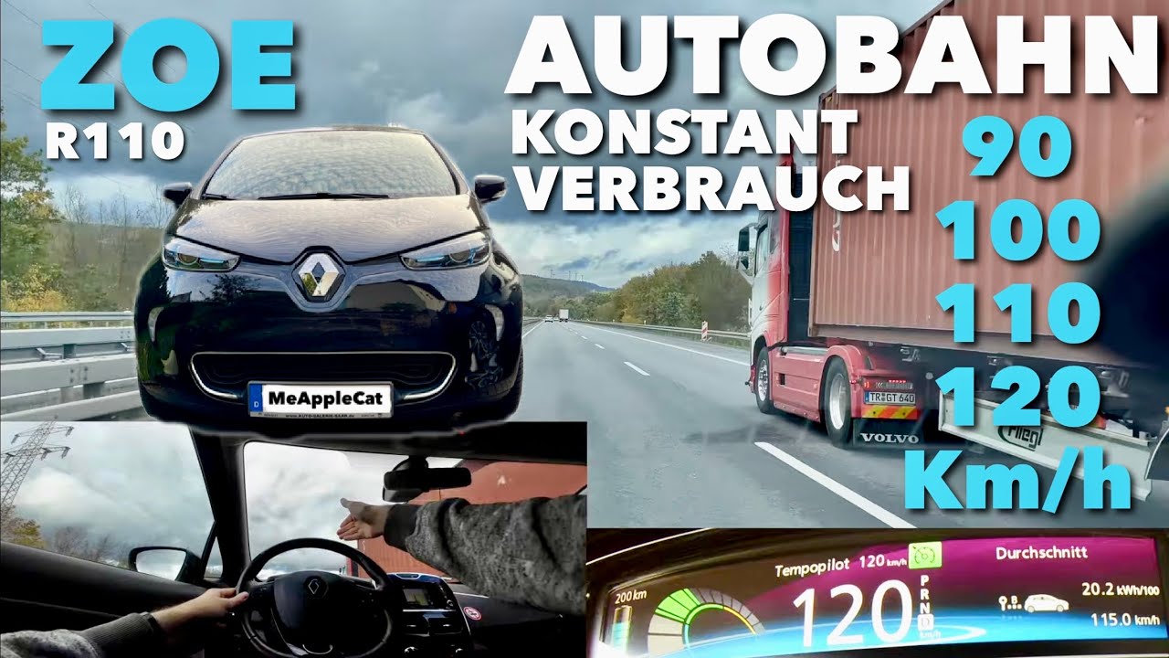 Autobahn konstant Verbrauch 90-120 Kmh - Renault ZOE R110 mit 109 PS - Sonne, Wind & Regen Testfahrt