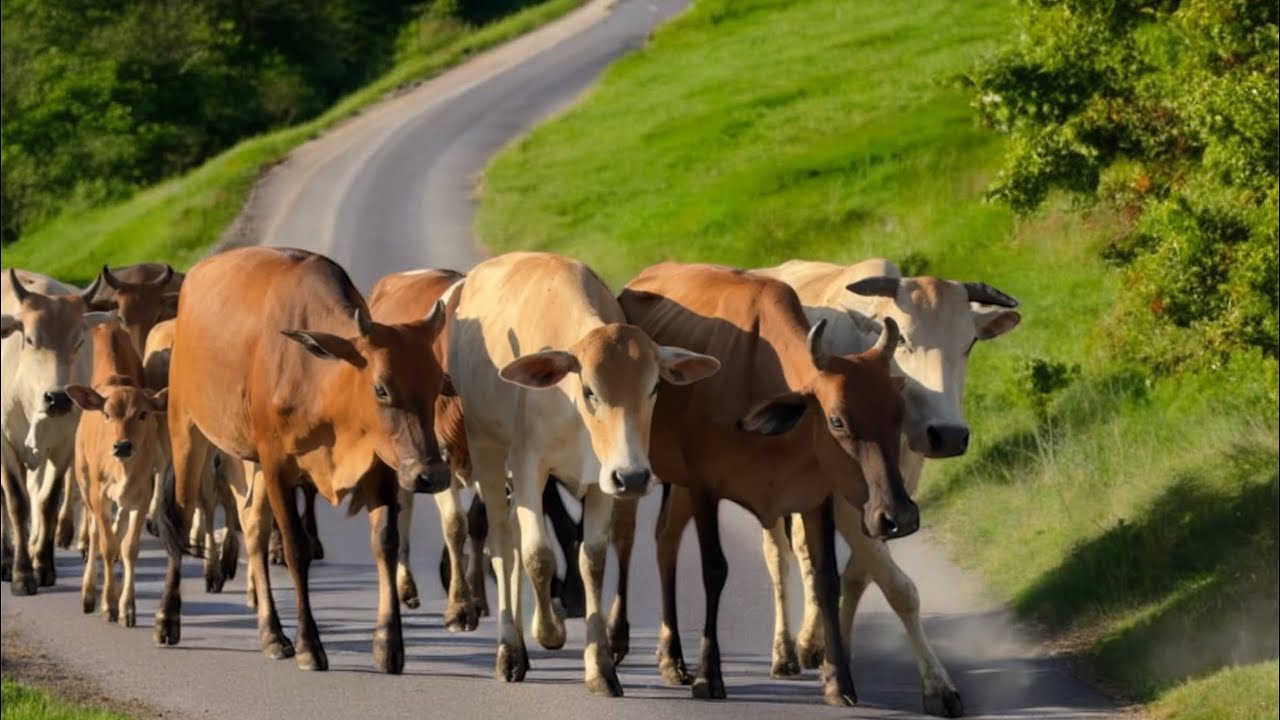 Dozens of cows walking peacefully and beautifully along a village road with their calves