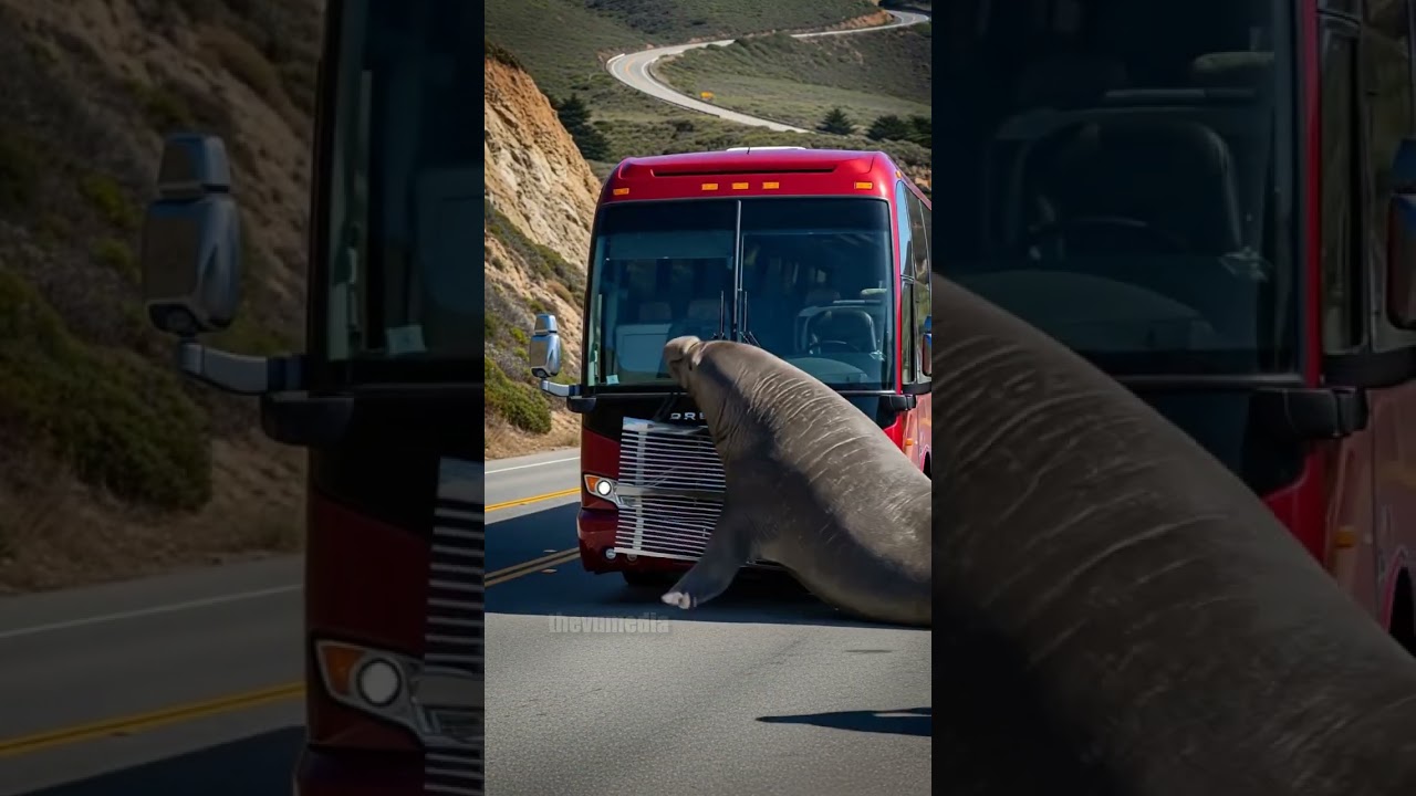 Elephant seal stops tour bus from deadly accident #animals #action #elephantlovers #animaltravel